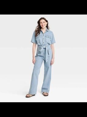 Universal Thread Light Blue Denim Jumpsuit with Tie Waist